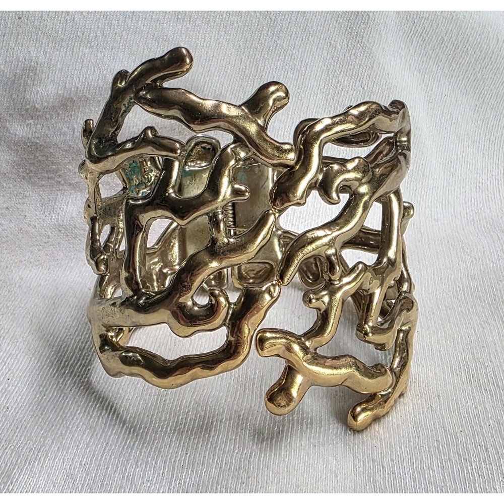 NVC Gold Tone Cuff Bracelet Branch Coral Openwork Hinged Statement Jewelry‎ Art